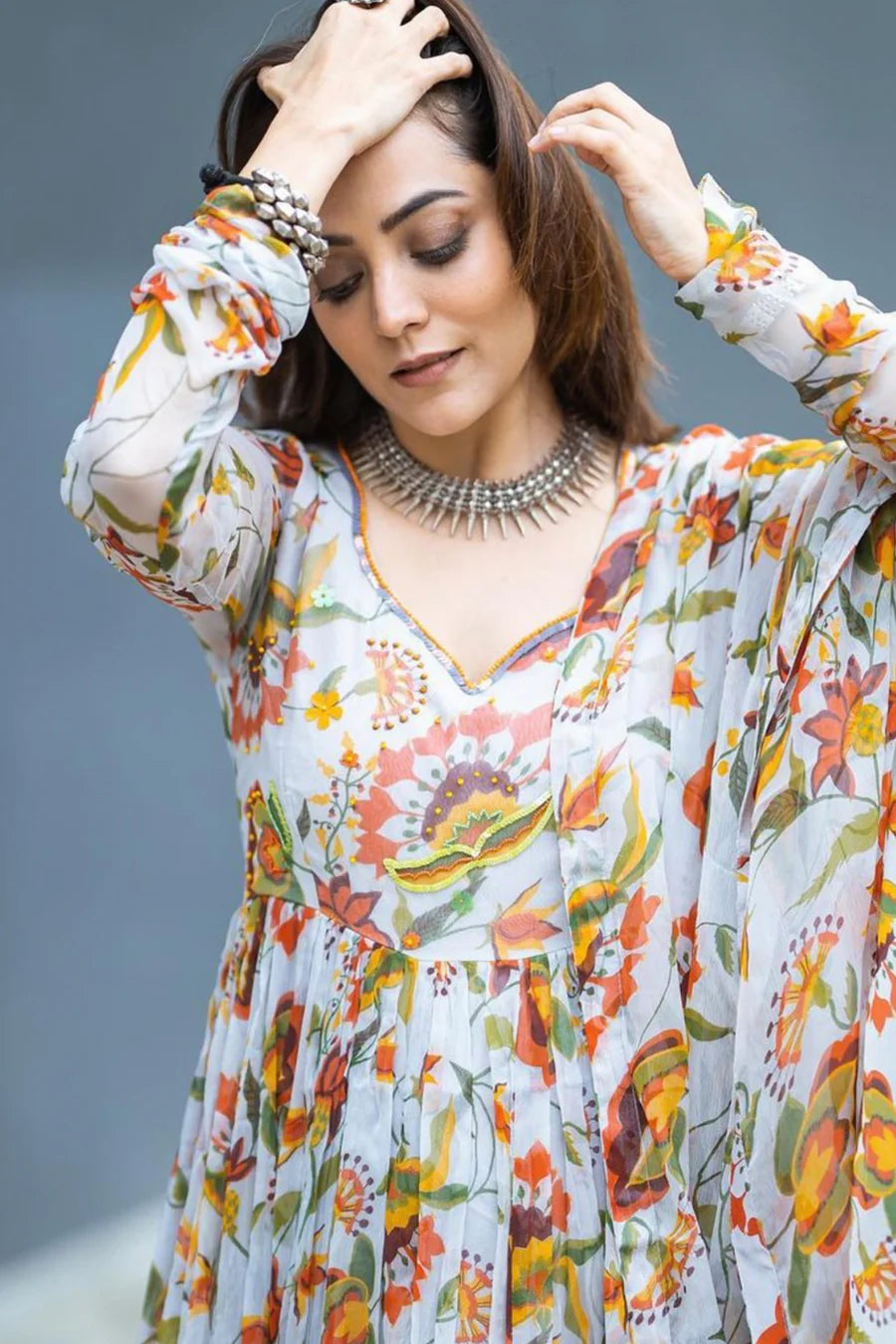 WOMEN'S GREY CHIFFON & COTTON MODAL ROHIRA KURTA SET