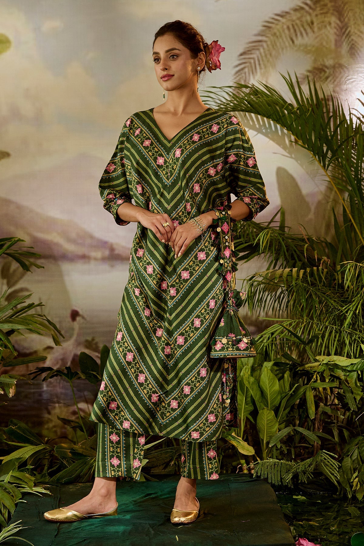 WOMEN'S GREEN MODAL SATIN TAHIR PANTS