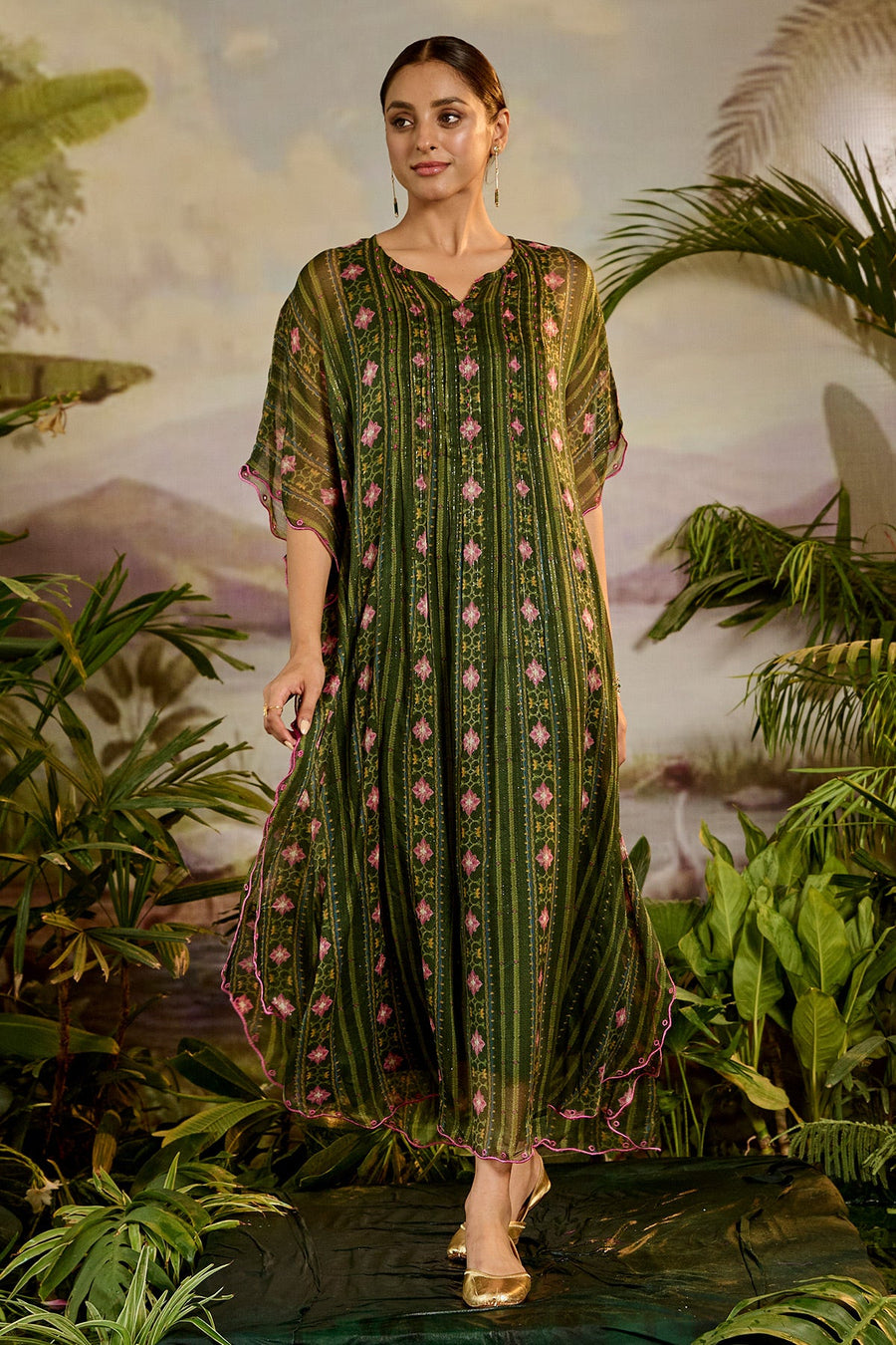 WOMEN'S GREEN CHIFFON LASYA KAFTAN