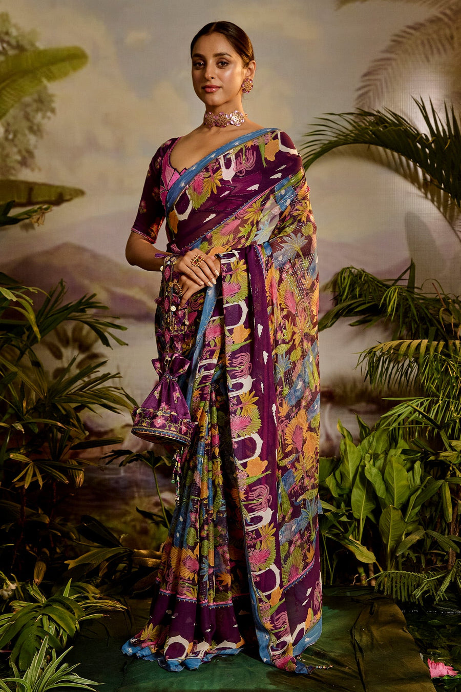 WOMEN'S MULTICOLOR CHIFFON SAMANDAR SAREE