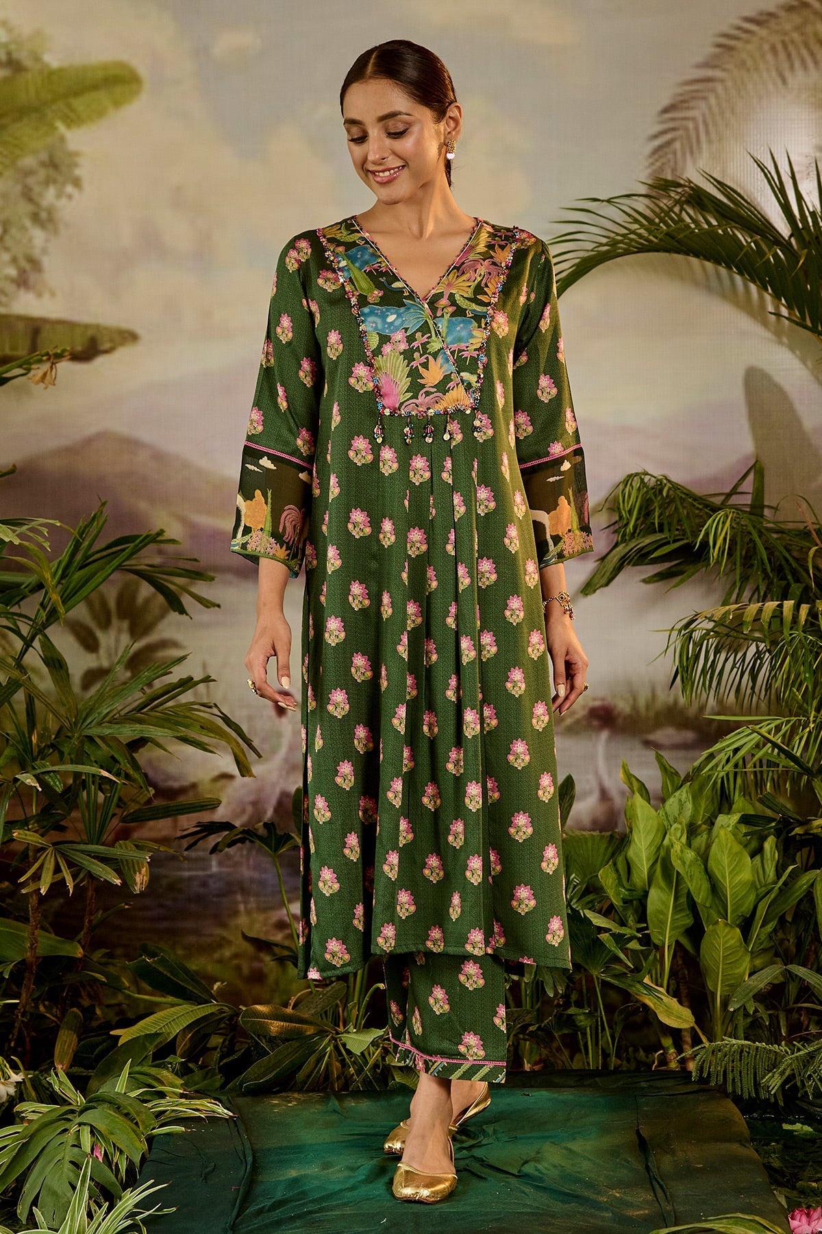 WOMEN'S GREEN COTTON RUHANI KURTA