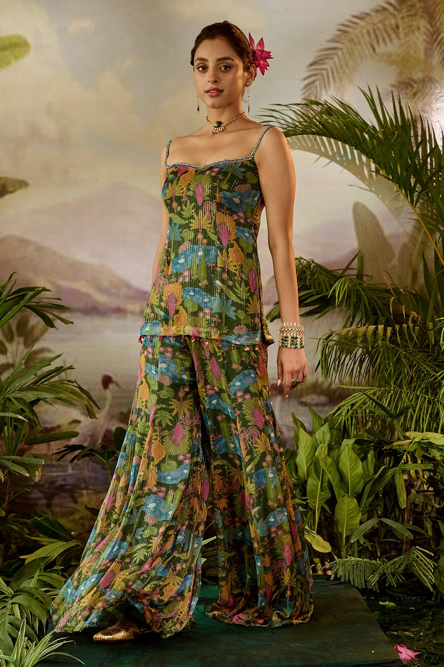 WOMEN'S MULTICOLOR CHIFFON KAURAVI GHARARA SET