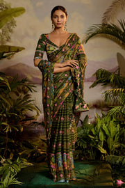 WOMEN'S GREEN CHIFFON FALGUNI SAREE SET