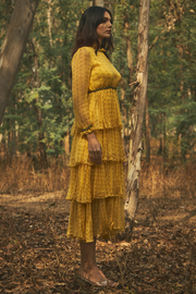 WOMEN'S YELLOW CHIFFON & COTTON MODAL ASIATIC LILY DRESS