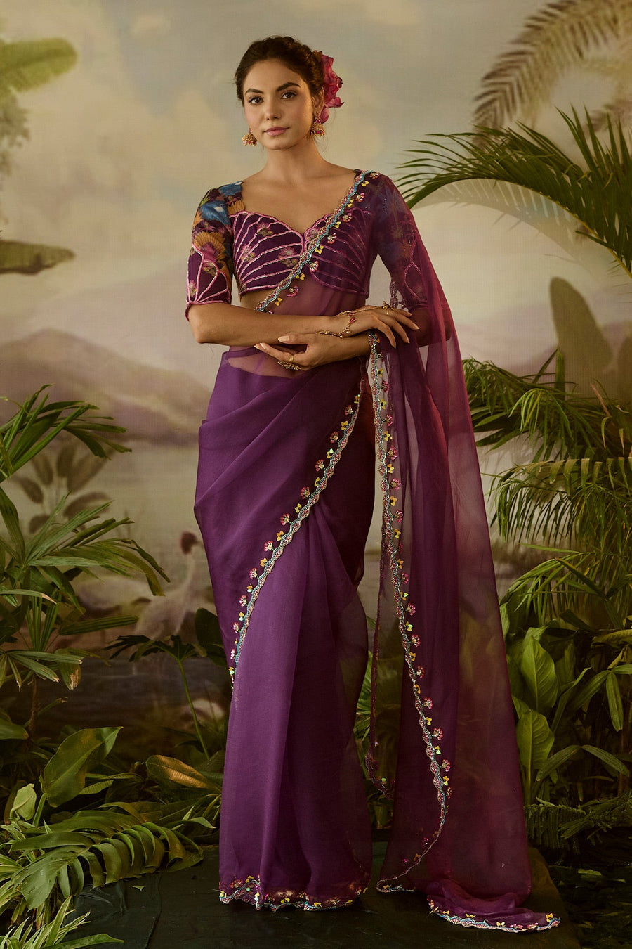 WOMEN'S PURPLE ORGANZA GOPI SAREE SET