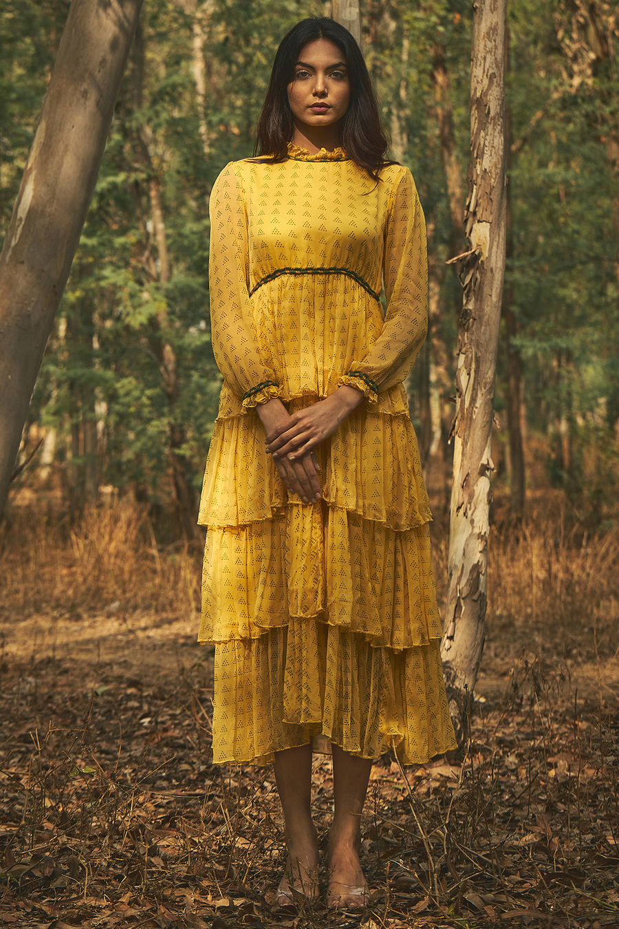 WOMEN'S YELLOW CHIFFON & COTTON MODAL ASIATIC LILY DRESS