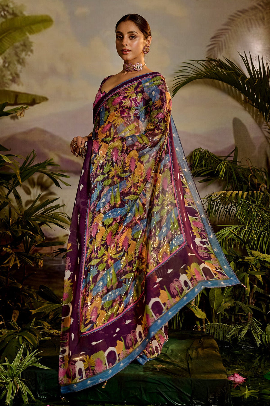 WOMEN'S MULTICOLOR COTTON SAMANDAR SAREE SET