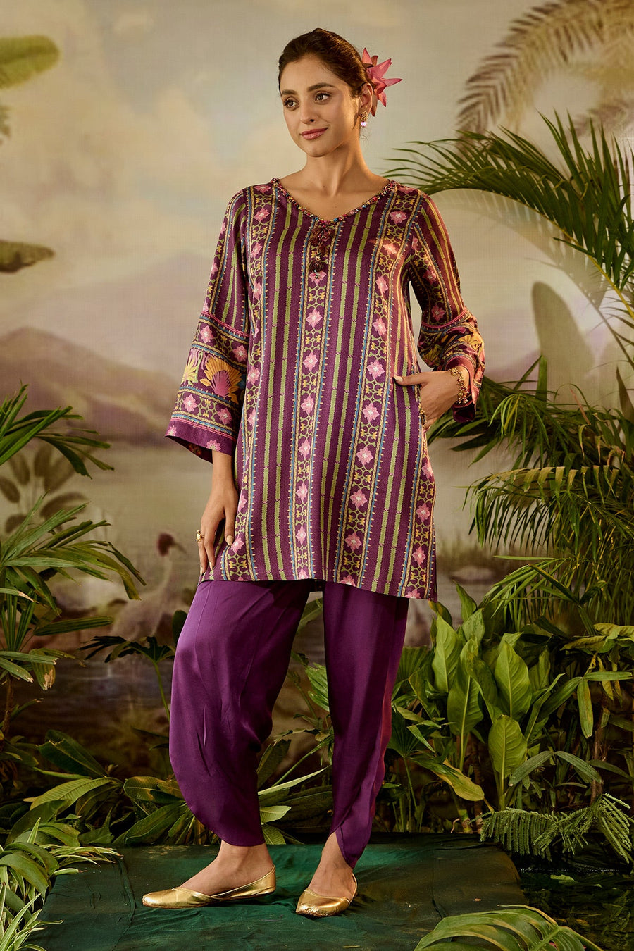 WOMEN'S PURPLE MODAL SATIN ARMAAN KURTA SET