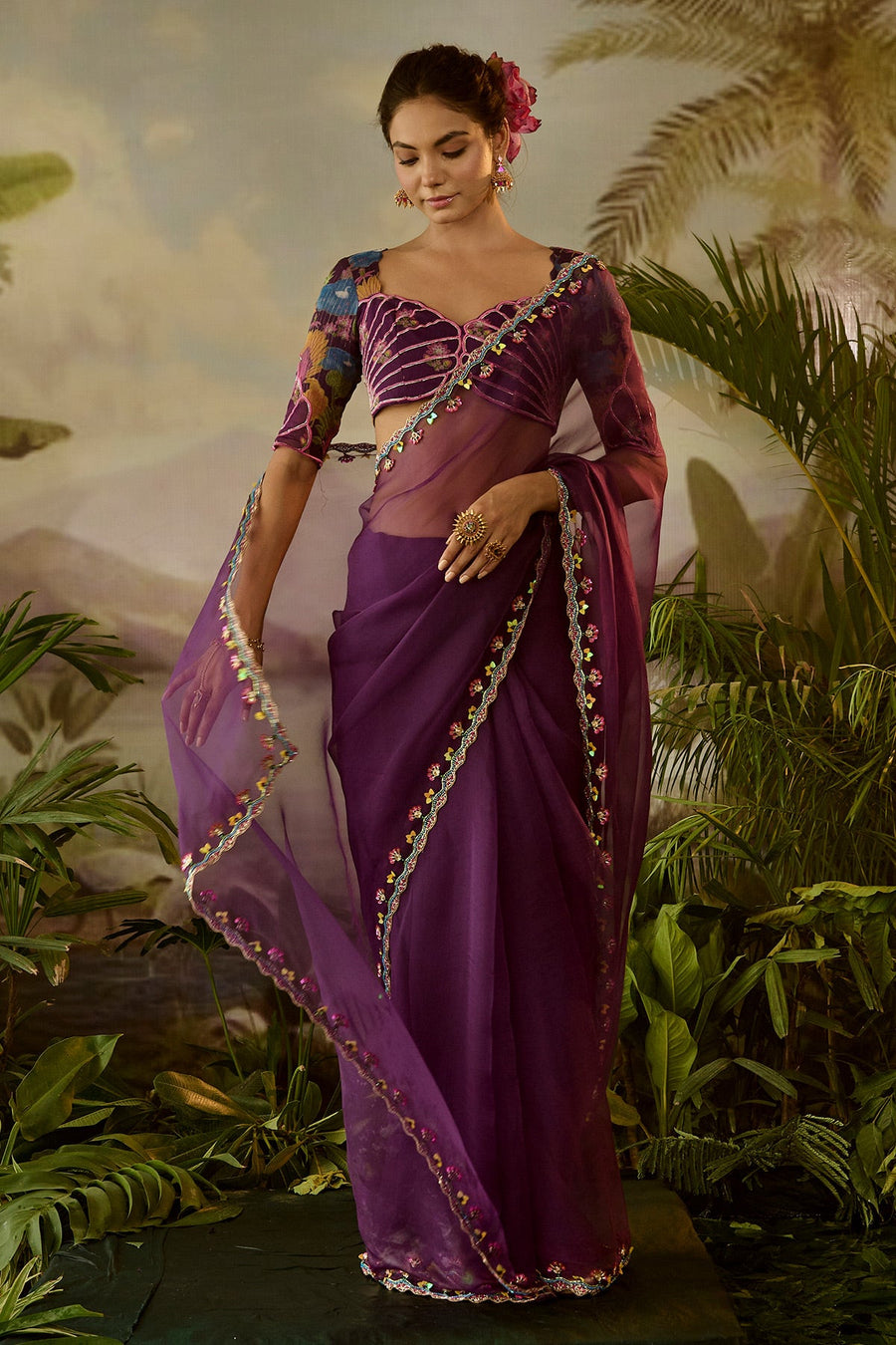 WOMEN'S PURPLE ORGANZA GOPI SAREE SET