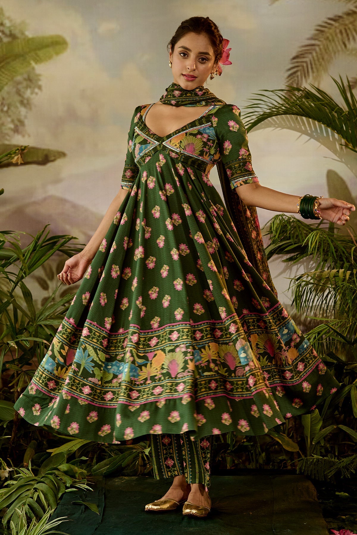 WOMEN'S GREEN COTTON GAURI ANARKALI KURTA