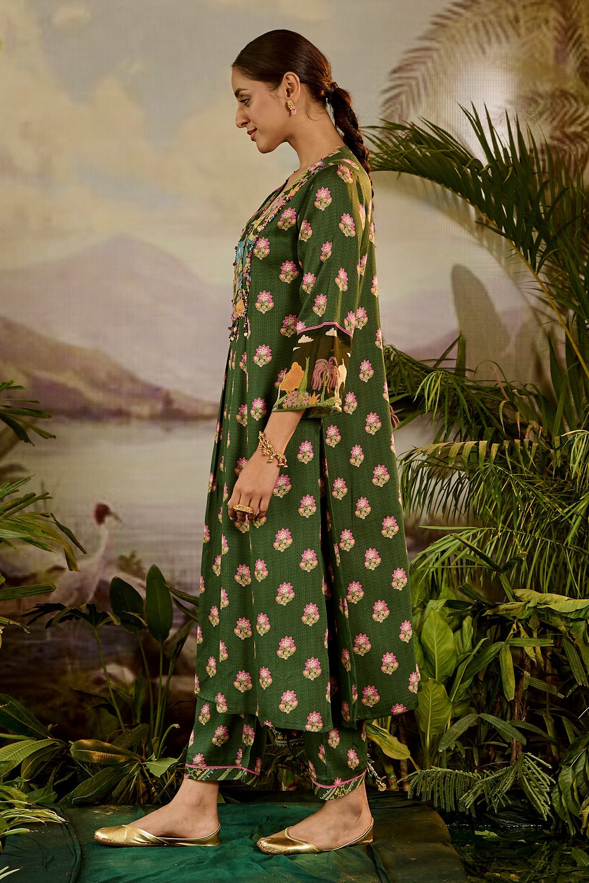 WOMEN'S GREEN COTTON RUHANI KURTA SET