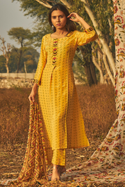 WOMEN'S YELLOW NATURAL CREPE SAMBAC KURTA SET