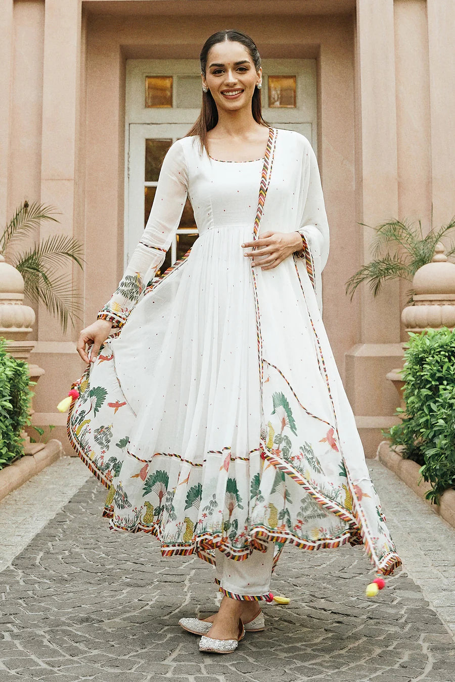 WOMEN'S WHITE CHIFFON NOORI ANARKALI SET