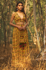 WOMEN'S YELLOW NATURAL CREPE STRIPED BLOUSE