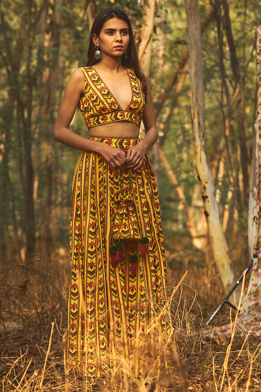 WOMEN'S YELLOW NATURAL CREPE STRIPED BLOUSE