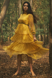 WOMEN'S YELLOW CHIFFON & COTTON MODAL ASIATIC LILY DRESS