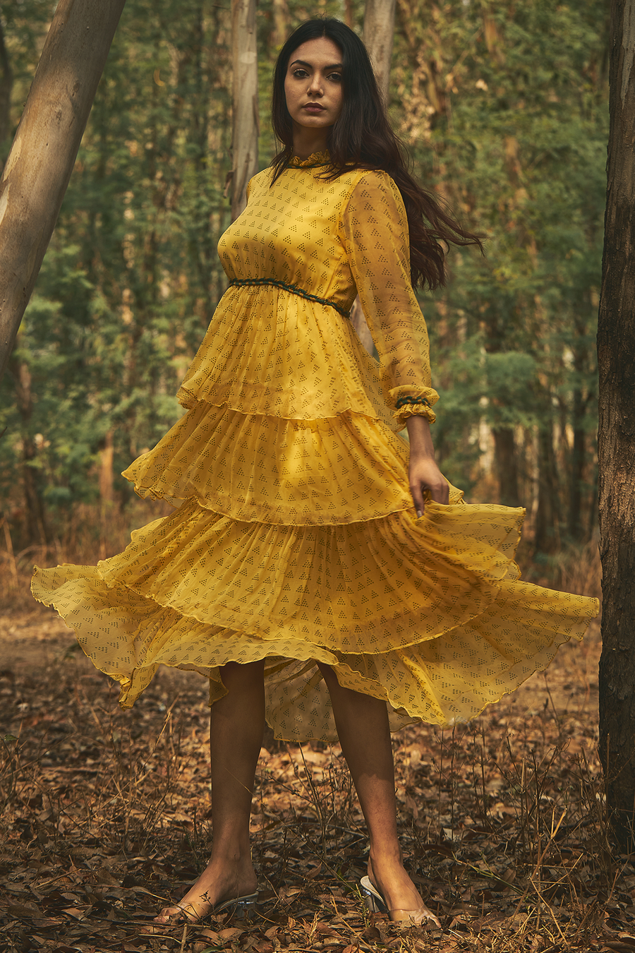 WOMEN'S YELLOW CHIFFON & COTTON MODAL ASIATIC LILY DRESS