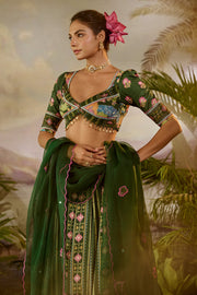WOMEN'S GREEN COTTON PADMA LEHENGA SET