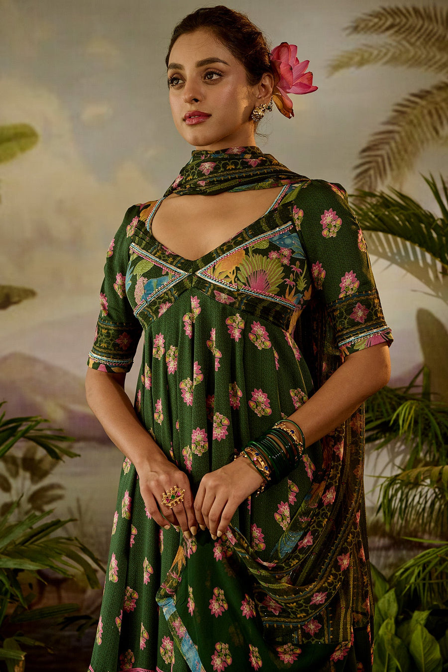 WOMEN'S GREEN COTTON GAURI ANARKALI SET