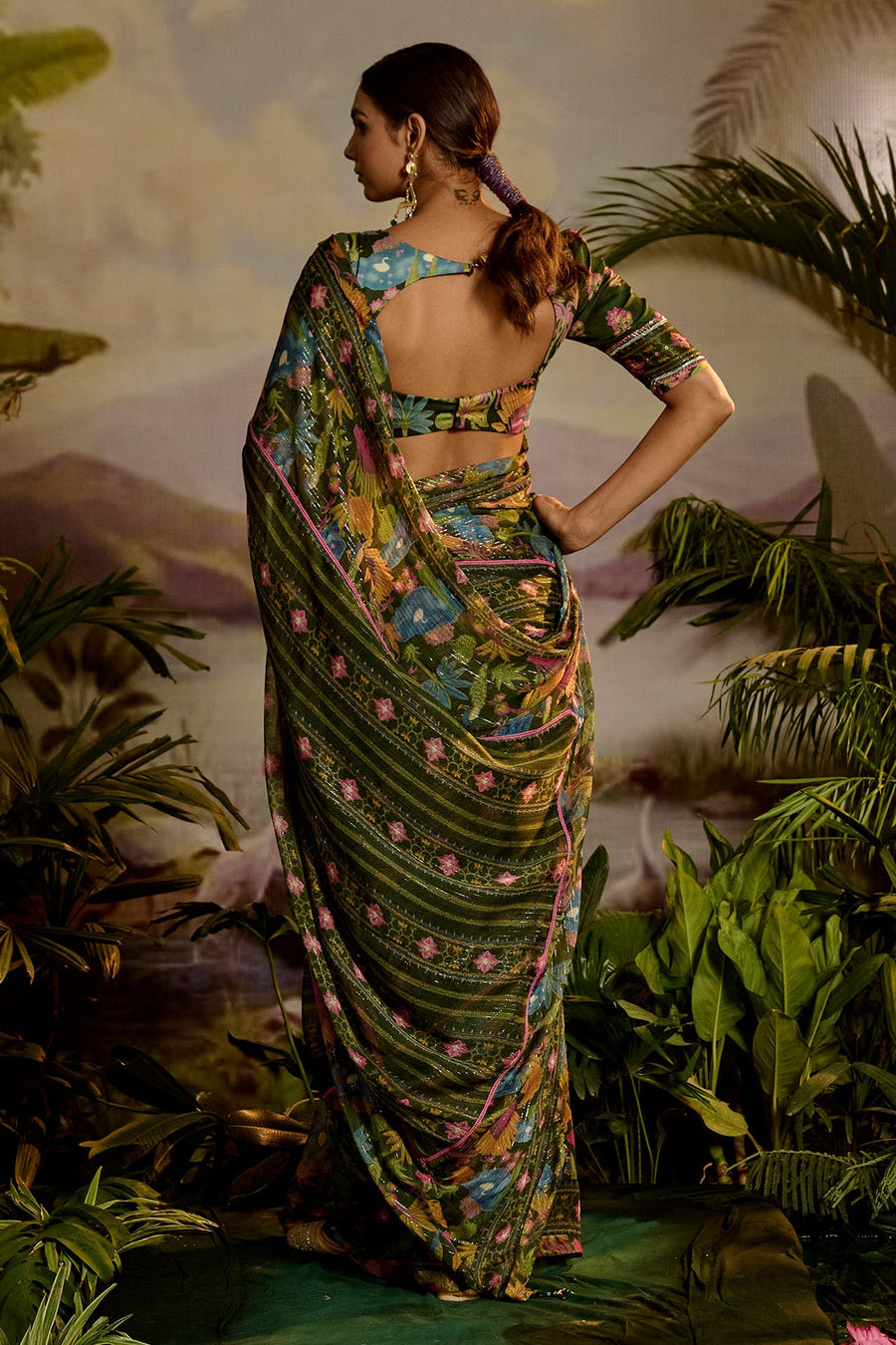 WOMEN'S MULTICOLOR LUREX CHIFFON FALGUNI SAREE