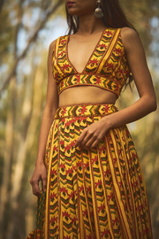 WOMEN'S YELLOW NATURAL CREPE STRIPED BLOUSE