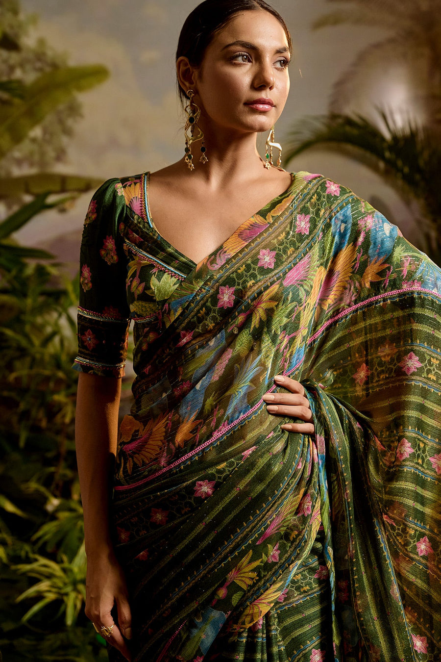 WOMEN'S MULTICOLOR LUREX CHIFFON FALGUNI SAREE