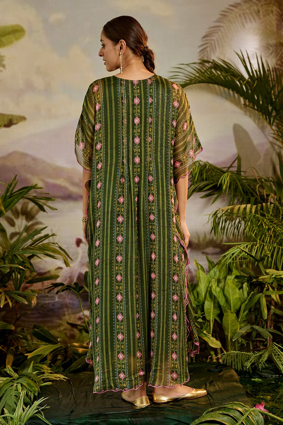 WOMEN'S GREEN CHIFFON LASYA KAFTAN