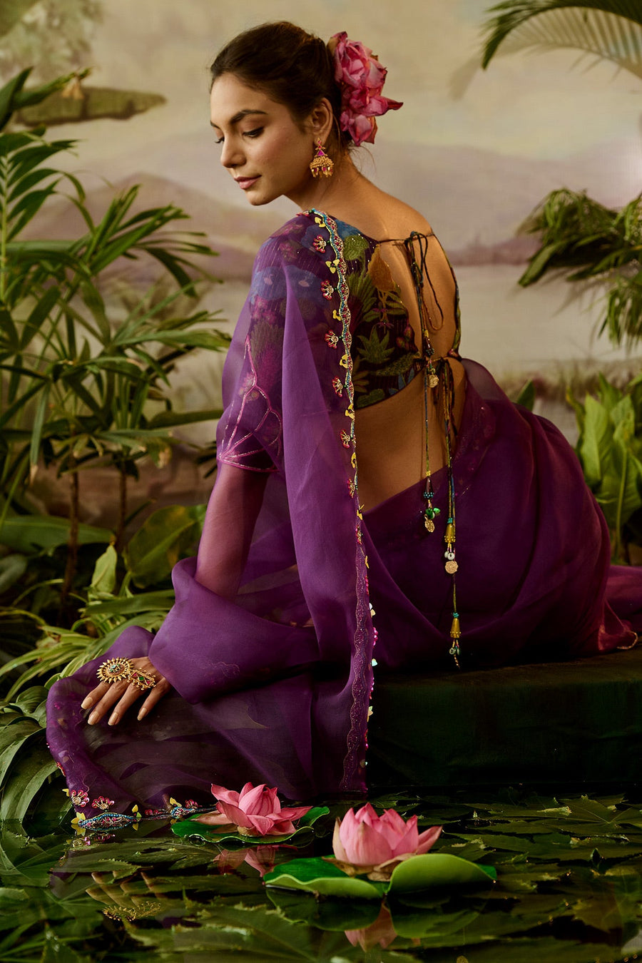 WOMEN'S PURPLE ORGANZA GOPI SAREE