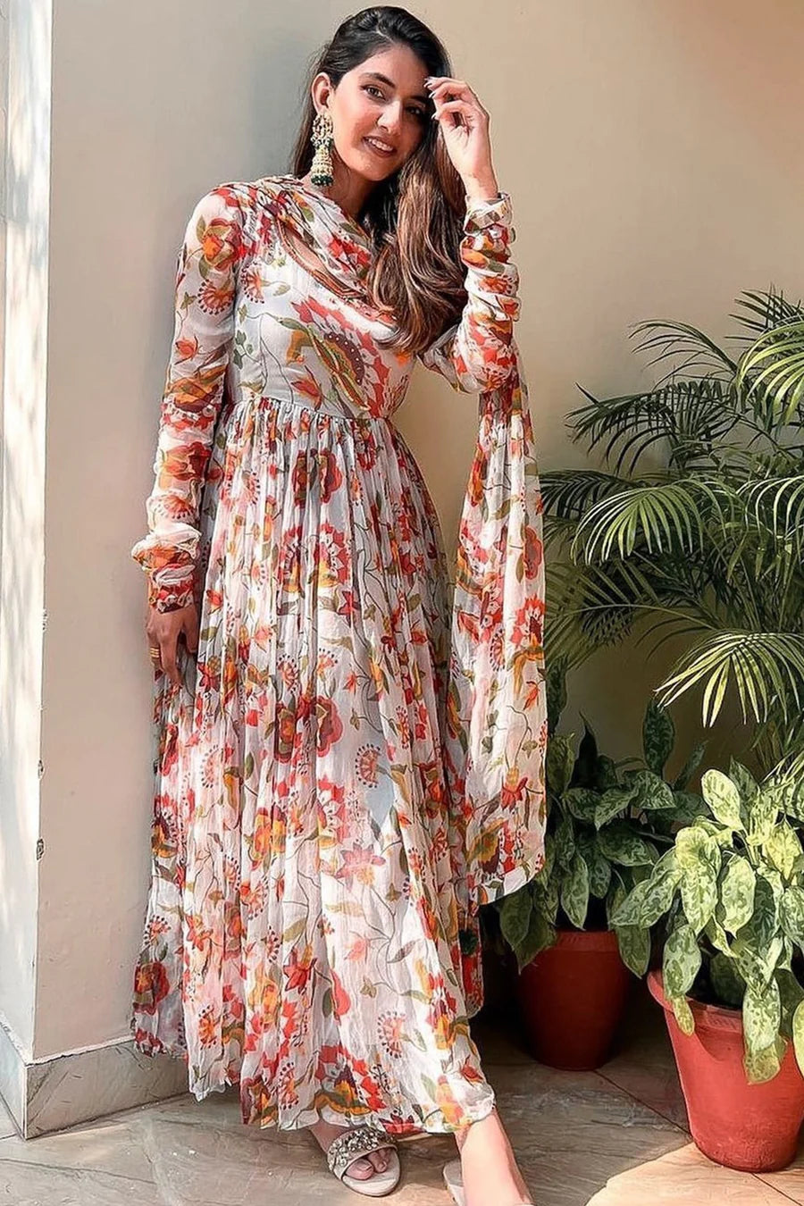 WOMEN'S GREY CHIFFON & COTTON MODAL ROHIRA KURTA SET