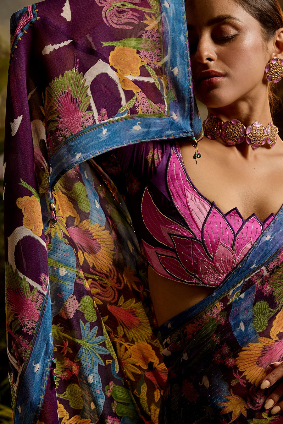 WOMEN'S MULTICOLOR CHIFFON SAMANDAR SAREE