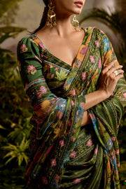 WOMEN'S GREEN CHIFFON FALGUNI SAREE SET