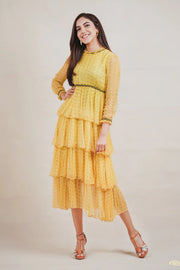 WOMEN'S YELLOW CHIFFON & COTTON MODAL ASIATIC LILY DRESS