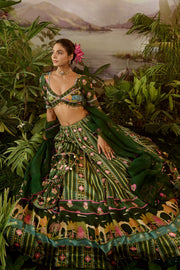 WOMEN'S GREEN COTTON PADMA LEHENGA SET