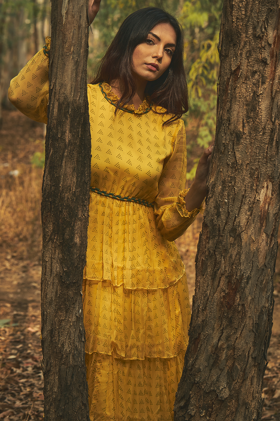 WOMEN'S YELLOW CHIFFON & COTTON MODAL ASIATIC LILY DRESS