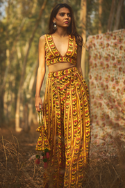 WOMEN'S YELLOW NATURAL CREPE STRIPED BLOUSE