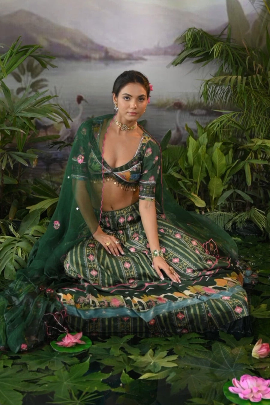 WOMEN'S GREEN COTTON PADMA LEHENGA SET