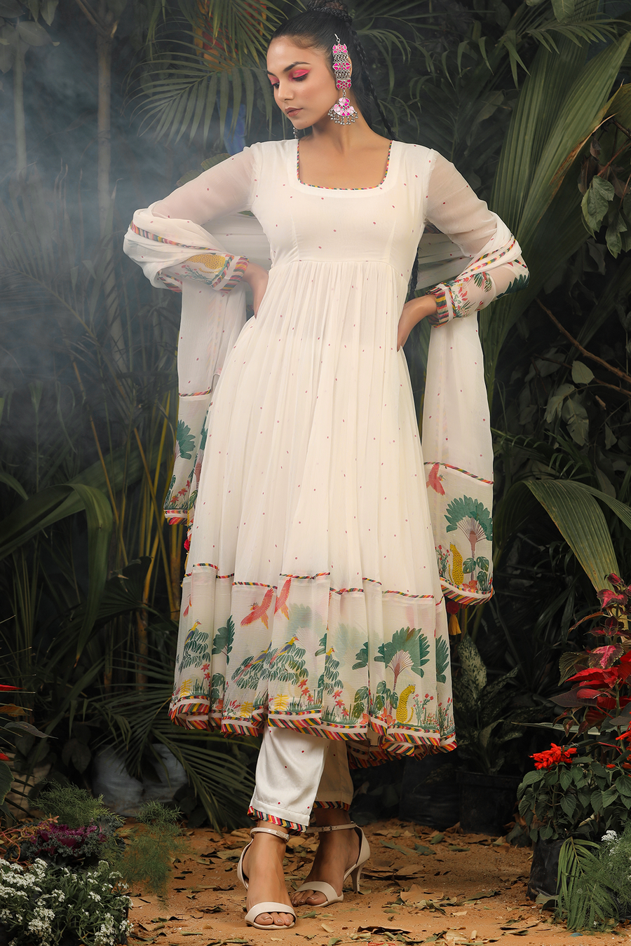 WOMEN'S WHITE CHIFFON NOORI ANARKALI SET