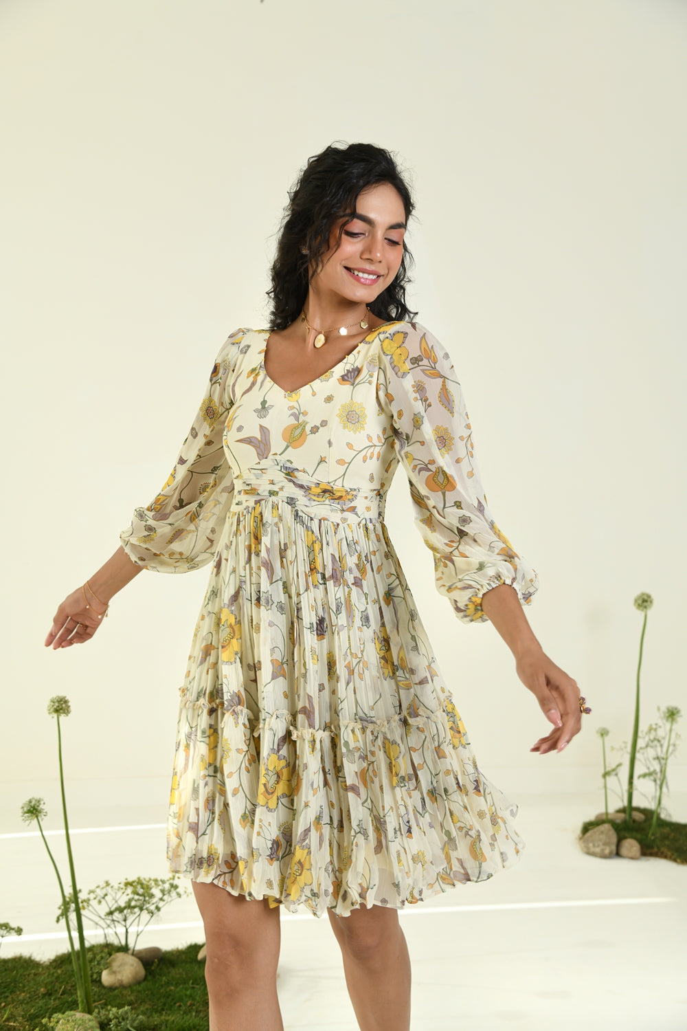 WOMEN'S BEIGE CHIFFON HONEYDROP DRESS