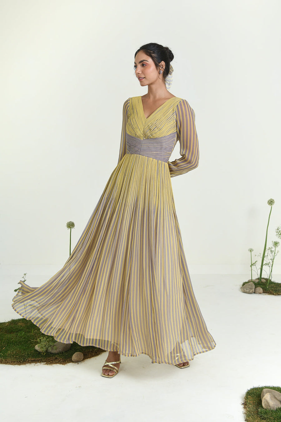 WOMEN'S YELLOW & PURPLE CHIFFON SUNBEAM DRESS