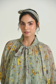 WOMEN'S GREEN CHIFFON WILDFLOWER DRESS WITH SLIP