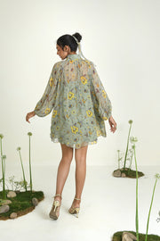 WOMEN'S GREEN CHIFFON WILDFLOWER DRESS WITH SLIP