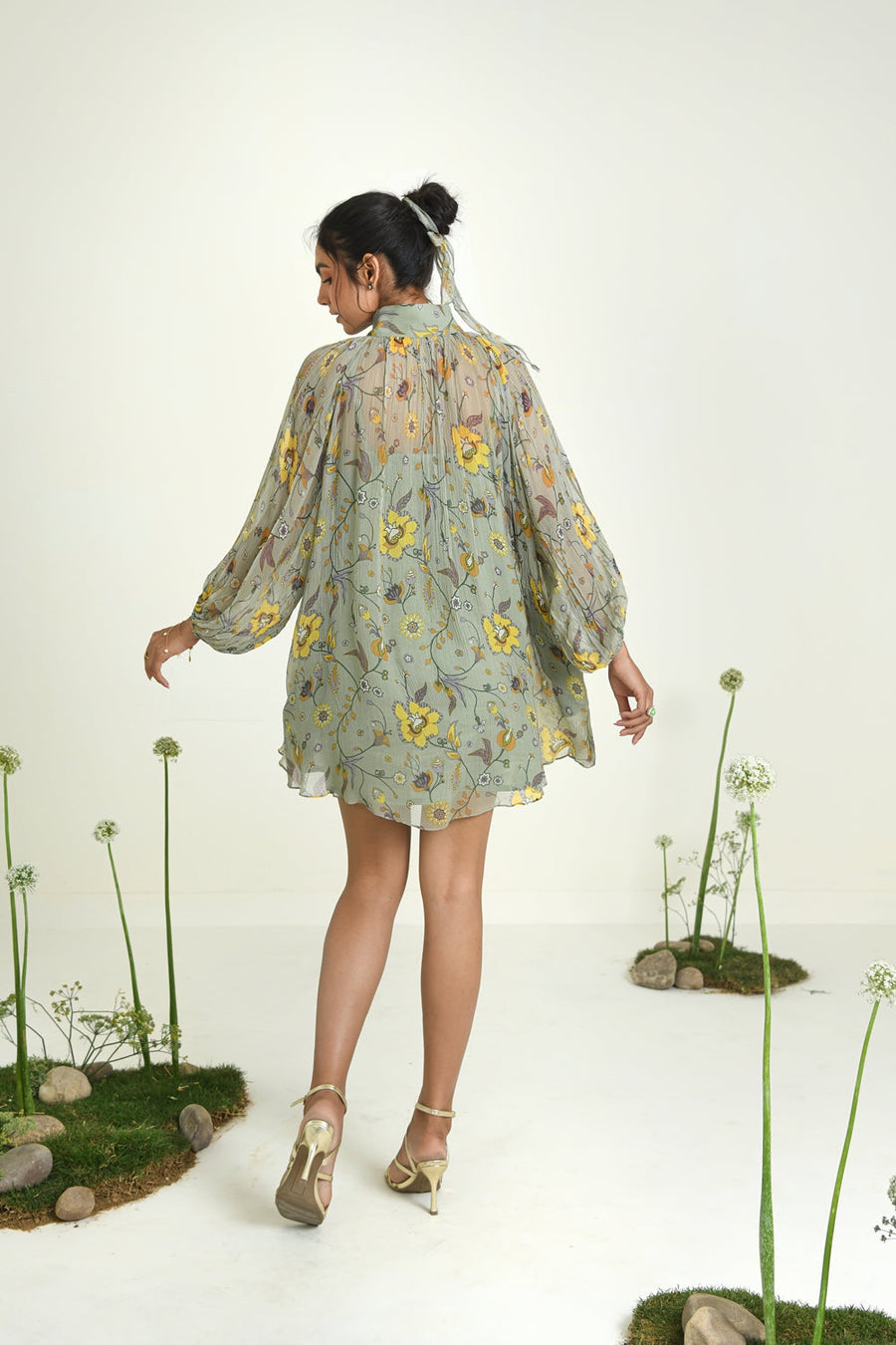 WOMEN'S GREEN CHIFFON WILDFLOWER DRESS WITH SLIP