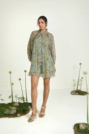 WOMEN'S GREEN CHIFFON WILDFLOWER DRESS WITH SLIP