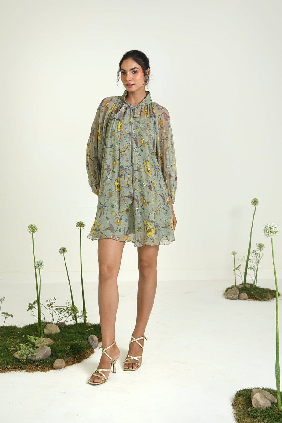 WOMEN'S GREEN CHIFFON WILDFLOWER DRESS WITH SLIP