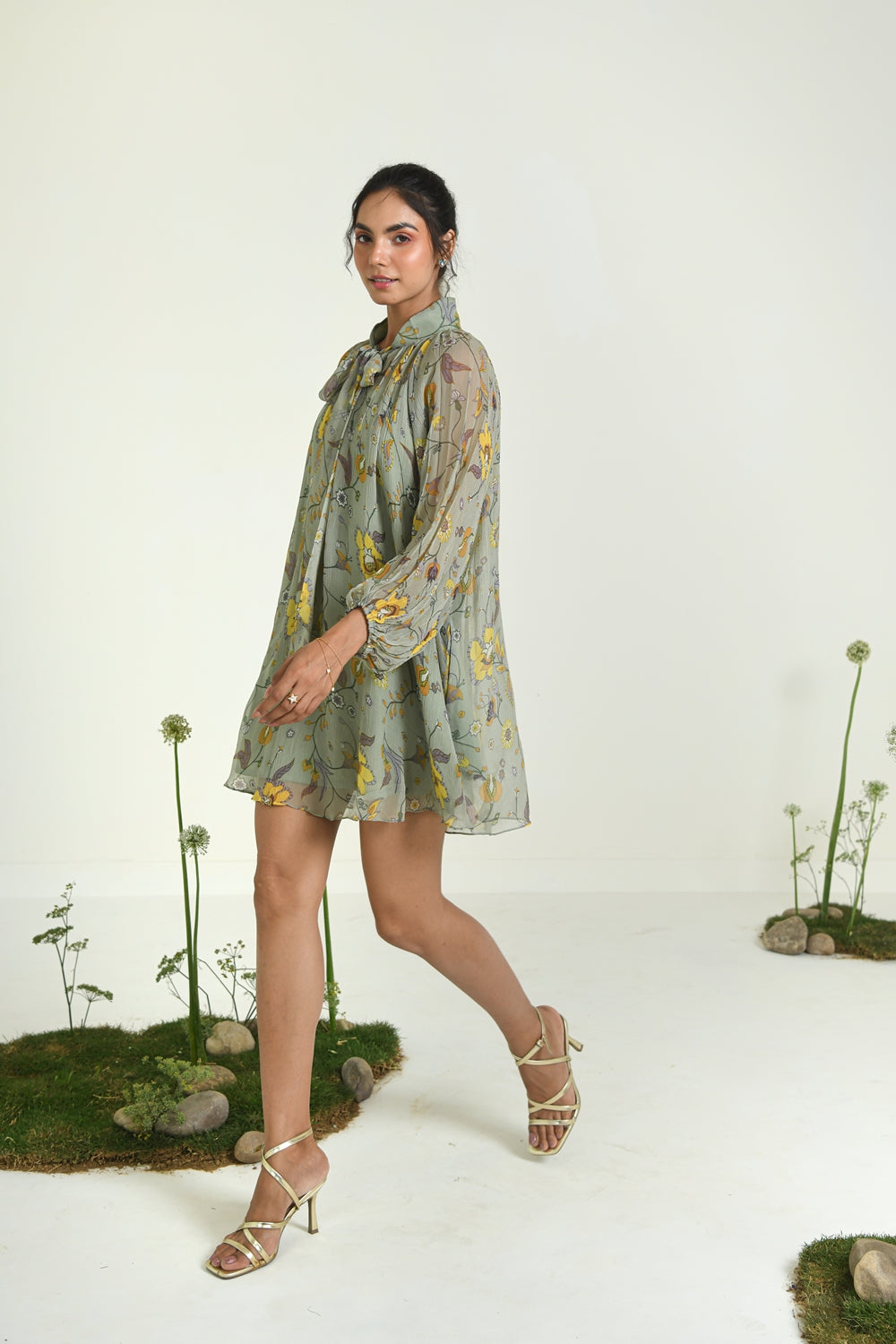 WOMEN'S GREEN CHIFFON WILDFLOWER DRESS WITH SLIP