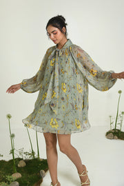 WOMEN'S GREEN CHIFFON WILDFLOWER DRESS WITH SLIP