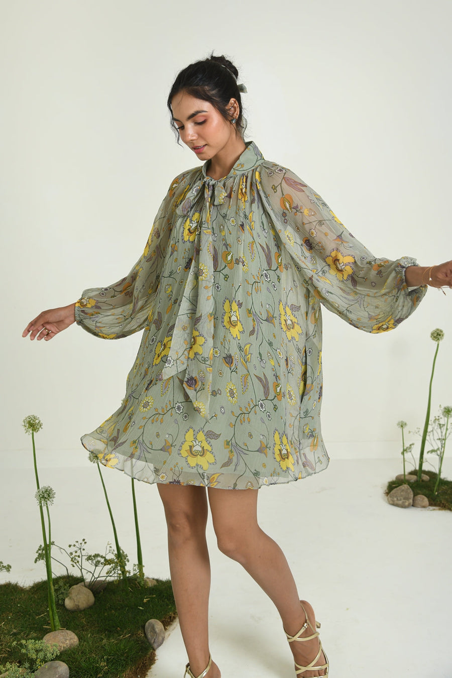 WOMEN'S GREEN CHIFFON WILDFLOWER DRESS WITH SLIP