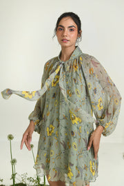 WOMEN'S GREEN CHIFFON WILDFLOWER DRESS WITH SLIP