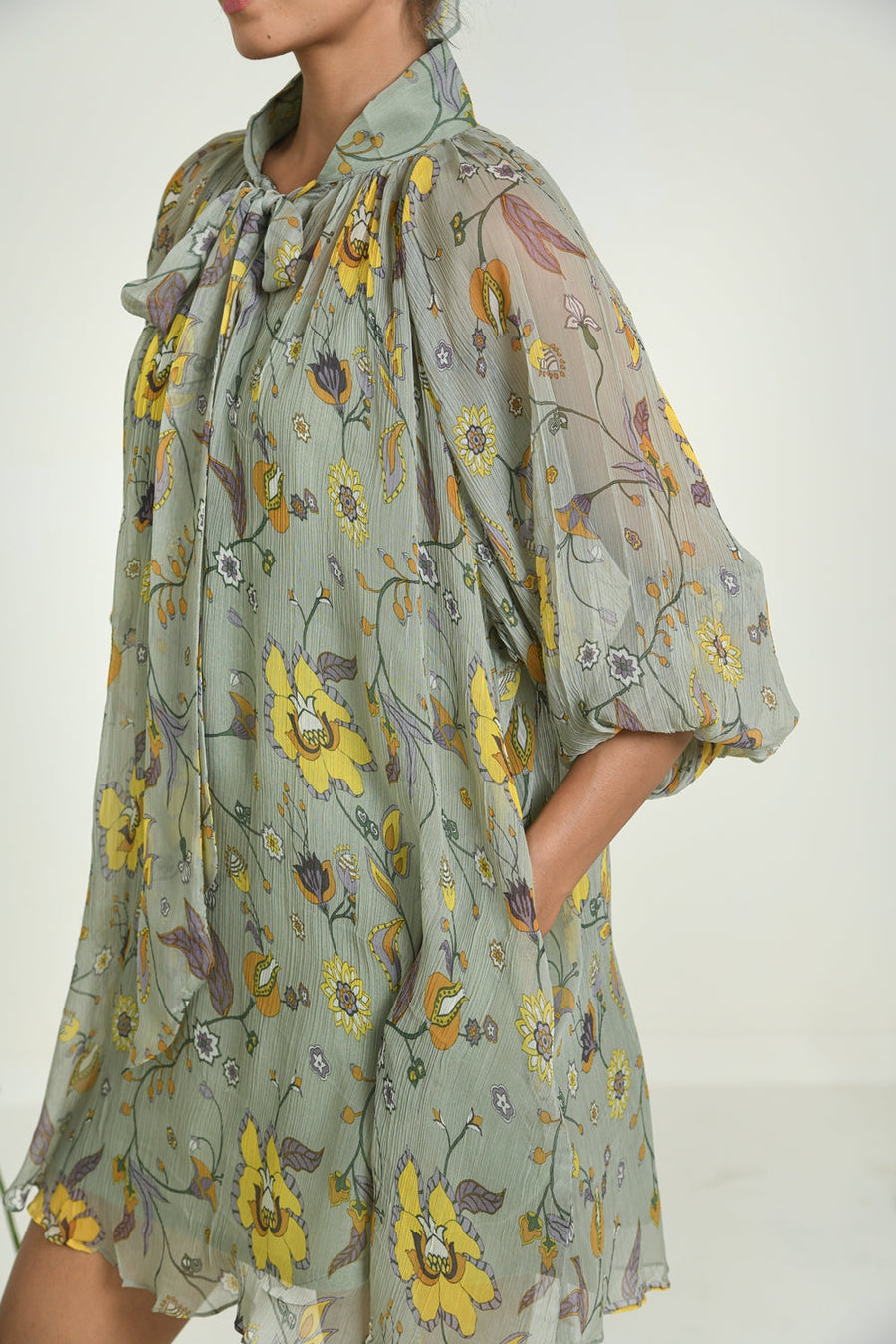 WOMEN'S GREEN CHIFFON WILDFLOWER DRESS WITH SLIP