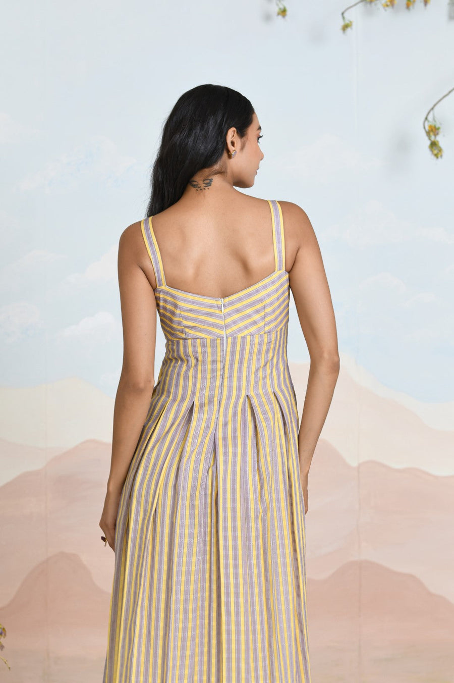 WOMEN'S YELLOW & PURPLE COTTON DOBBY SUNBLOOM DRESS